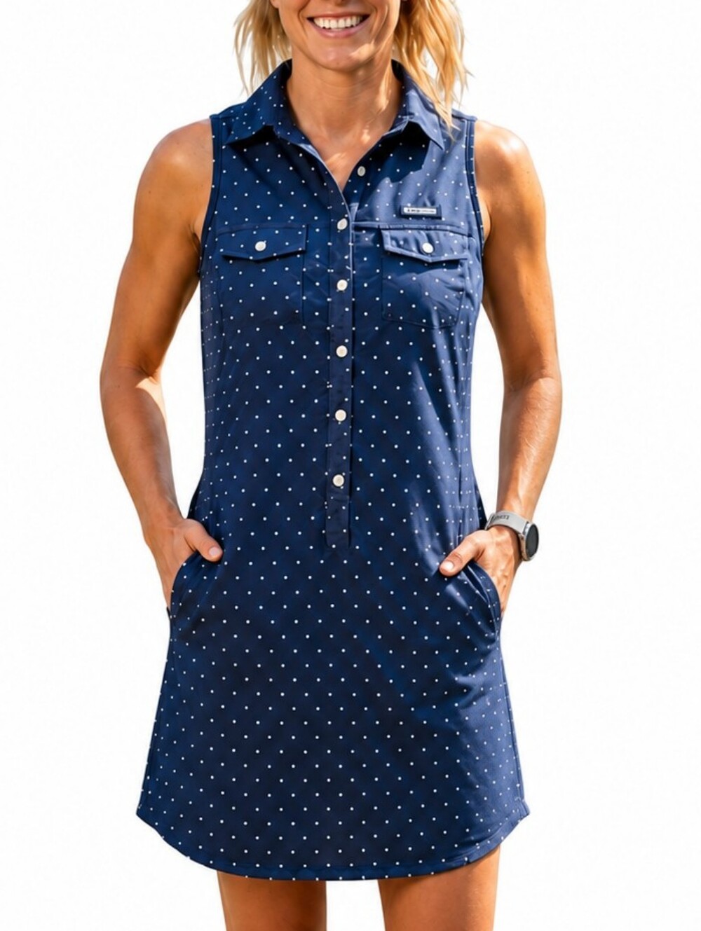 Columbia Super Bonehead Navy Polka Dot Sleeveless Shirt Dress Pockets XS